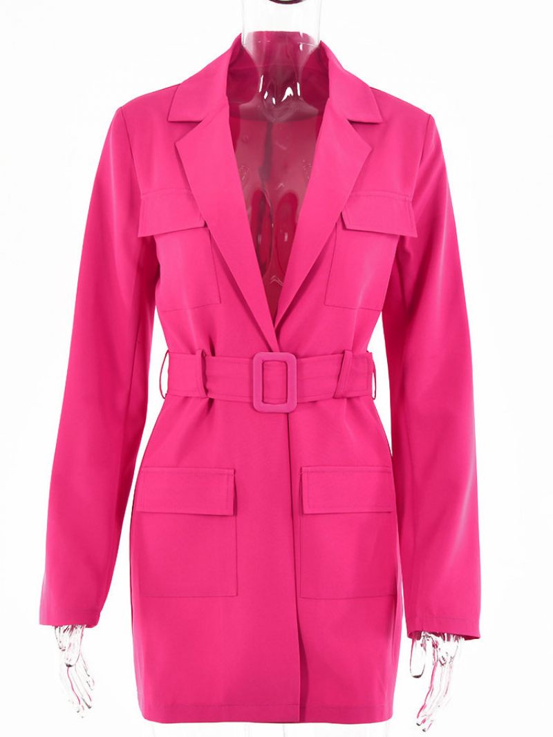 Veste Blazer Rose Couleur Unie Col Rabattu Ceinture Coupe Décontractée Chic Robe Rue Vêtements D'extérieur Pour Femmes Printemps-automne - Rose