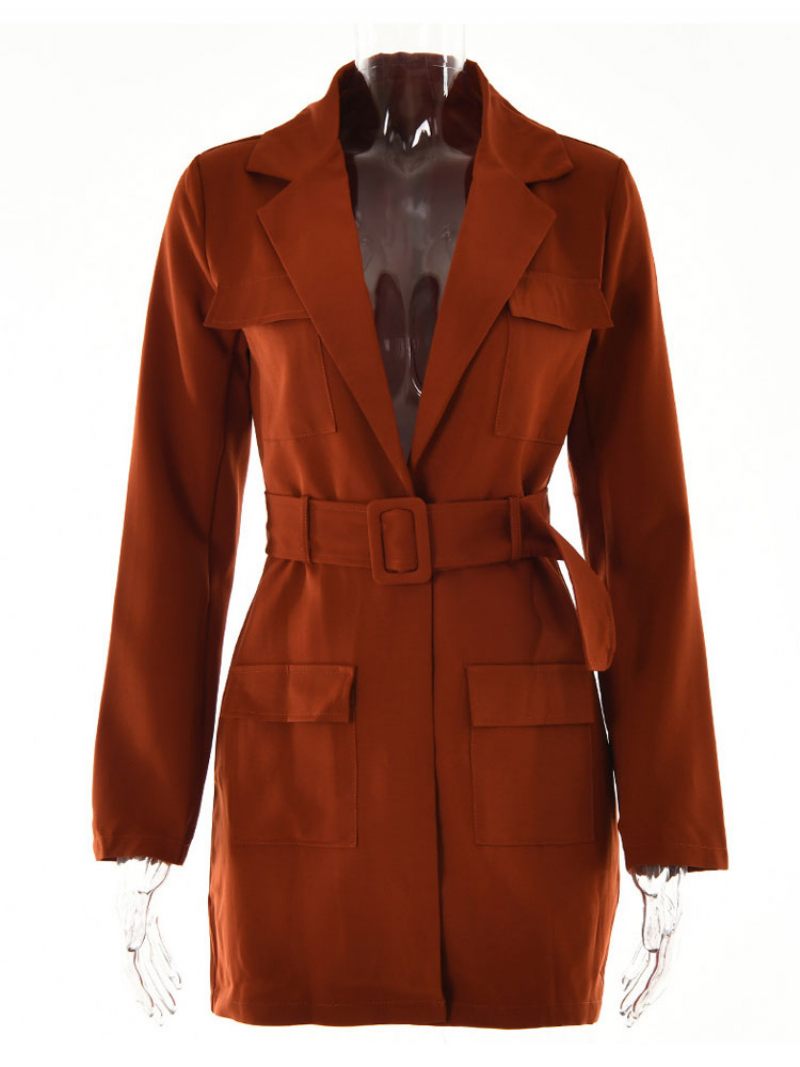 Veste Blazer Rose Couleur Unie Col Rabattu Ceinture Coupe Décontractée Chic Robe Rue Vêtements D'extérieur Pour Femmes Printemps-automne - Marron Café