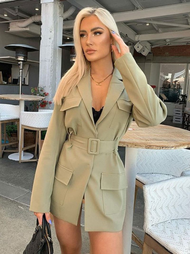 Veste Blazer Rose Couleur Unie Col Rabattu Ceinture Coupe Décontractée Chic Robe Rue Vêtements D'extérieur Pour Femmes Printemps-automne - Sauge