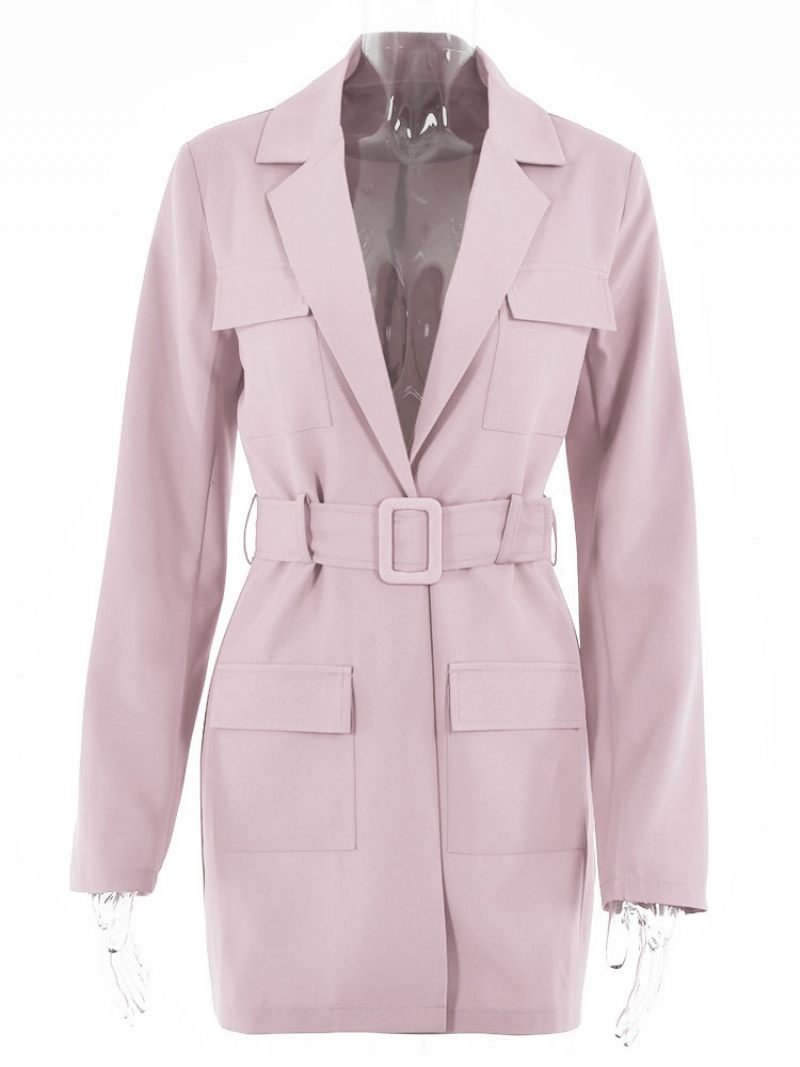 Veste Blazer Rose Couleur Unie Col Rabattu Ceinture Coupe Décontractée Chic Robe Rue Vêtements D'extérieur Pour Femmes Printemps-automne - Rose