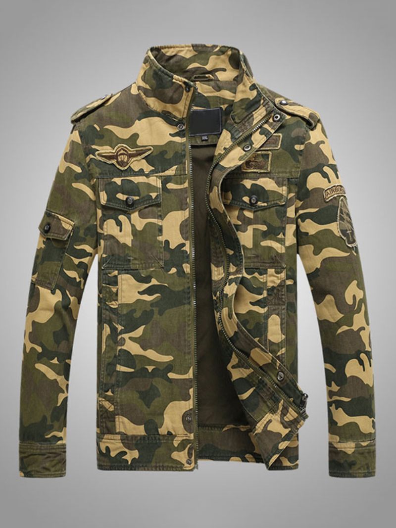 Homme Veste Camouflage Boutons Polyester Élégant - Kaki