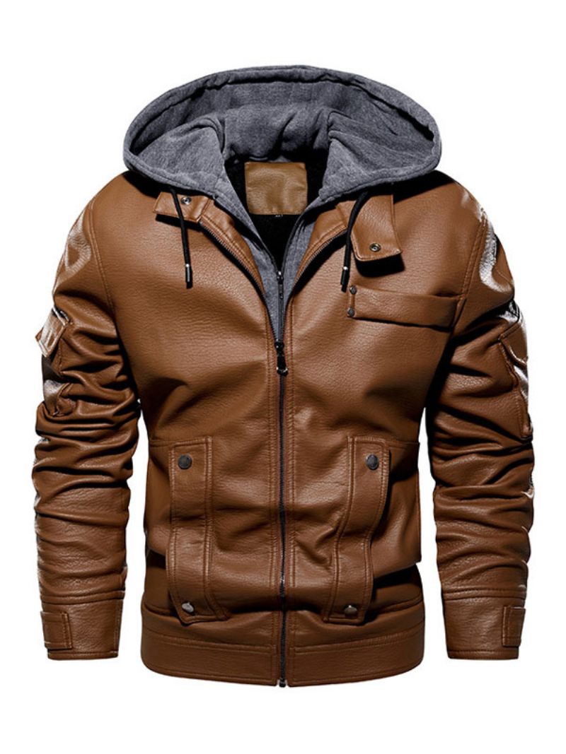 Veste Cuir Pour Hommes Confortable Fermeture Éclair Superposée Bloc Couleur Mode Moto Printemps Café Marron