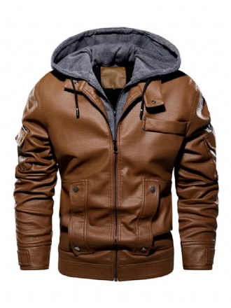 Veste Cuir Pour Hommes Confortable Fermeture Éclair Superposée Bloc Couleur Mode Moto Printemps Café Marron