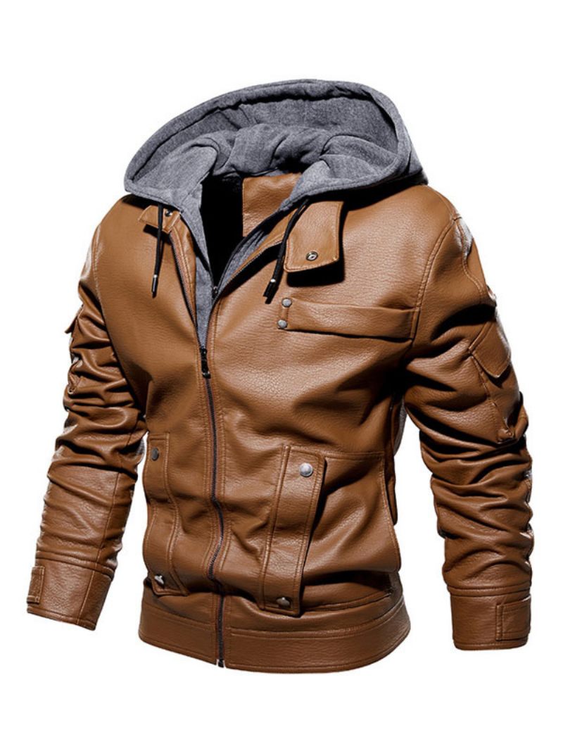 Veste Cuir Pour Hommes Confortable Fermeture Éclair Superposée Bloc Couleur Mode Moto Printemps Café Marron - Marron Café