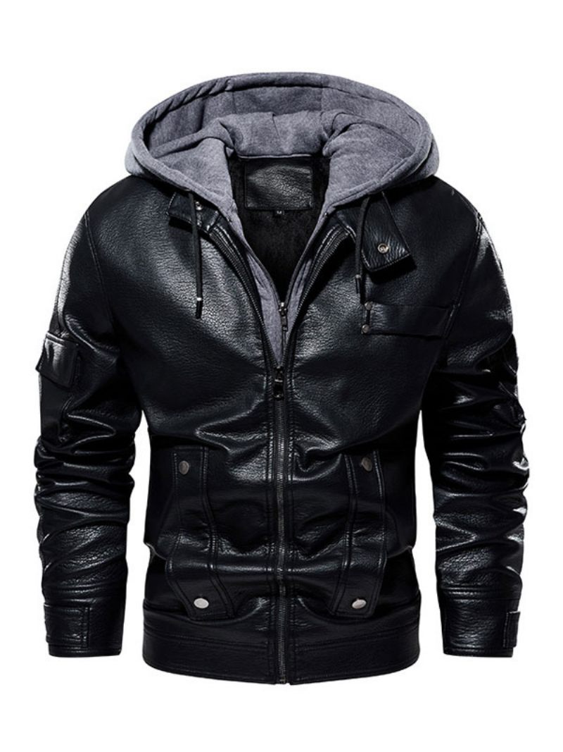 Veste Cuir Pour Hommes Confortable Fermeture Éclair Superposée Bloc Couleur Mode Moto Printemps Café Marron - Noir