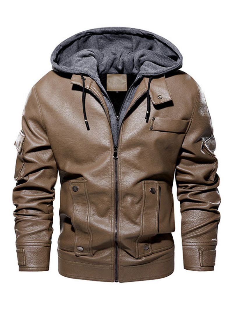 Veste Cuir Pour Hommes Confortable Fermeture Éclair Superposée Bloc Couleur Mode Moto Printemps Café Marron - Kaki