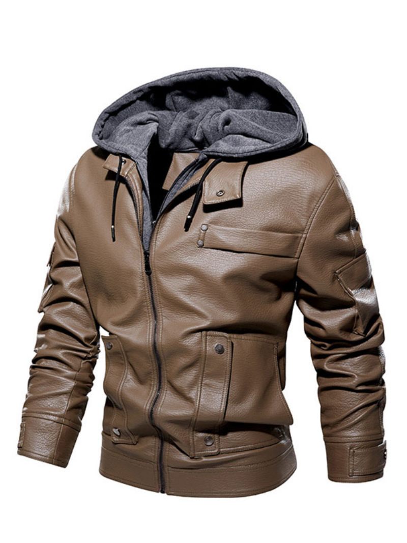 Veste Cuir Pour Hommes Confortable Fermeture Éclair Superposée Bloc Couleur Mode Moto Printemps Café Marron - Kaki