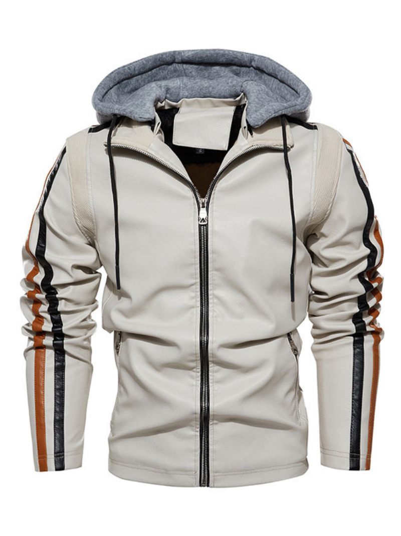 Veste Cuir Pour Hommes Confortable Fermeture Éclair Superposée Bloc Couleur Smart Moto Hiver Écru Blanc