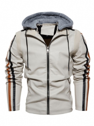 Veste Cuir Pour Hommes Confortable Fermeture Éclair Superposée Bloc Couleur Smart Moto Hiver Écru Blanc