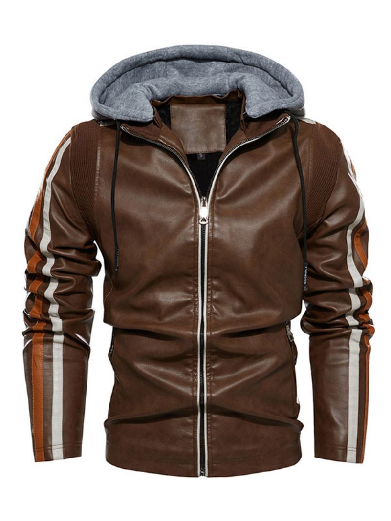 Veste Cuir Pour Hommes Confortable Fermeture Éclair Superposée Bloc Couleur Smart Moto Hiver Écru Blanc - Marron Café