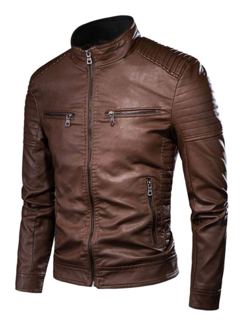 Veste Cuir Pour Hommes Coupe-vent Chic Automne Noir Manteaux D'hiver Cool - Marron Foncé