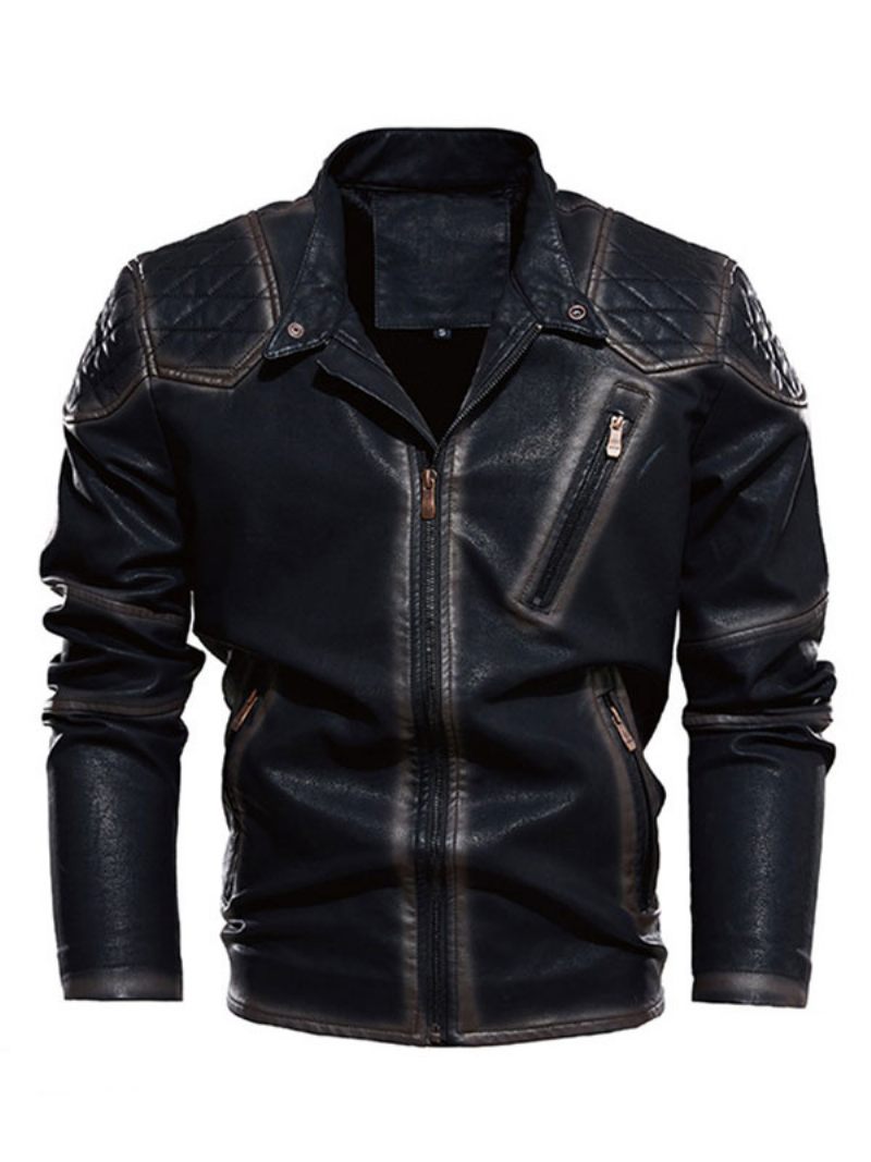 Veste Cuir Pour Hommes Coupe-vent À Fermeture Éclair Simple Et Superposé Bleu Éblouissant Printemps Frais - Noir