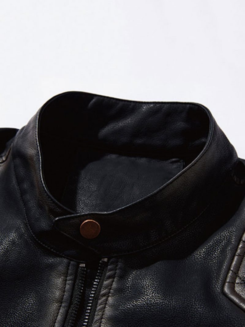 Veste Cuir Pour Hommes Coupe-vent À Fermeture Éclair Simple Et Superposé Bleu Éblouissant Printemps Frais - Noir