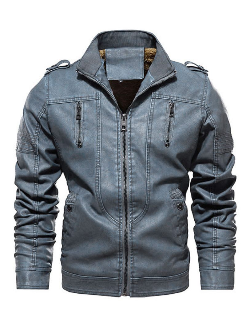 Veste Cuir Pour Hommes Coupe-vent À Fermeture Éclair Simple Superposé Élégant Printemps Bleu Éblouissant