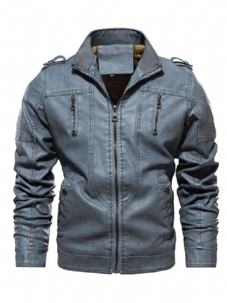 Veste Cuir Pour Hommes Coupe-vent À Fermeture Éclair Simple Superposé Élégant Printemps Bleu Éblouissant