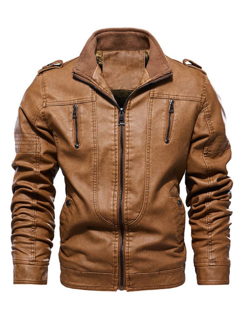 Veste Cuir Pour Hommes Coupe-vent À Fermeture Éclair Simple Superposé Élégant Printemps Bleu Éblouissant - Brun Café