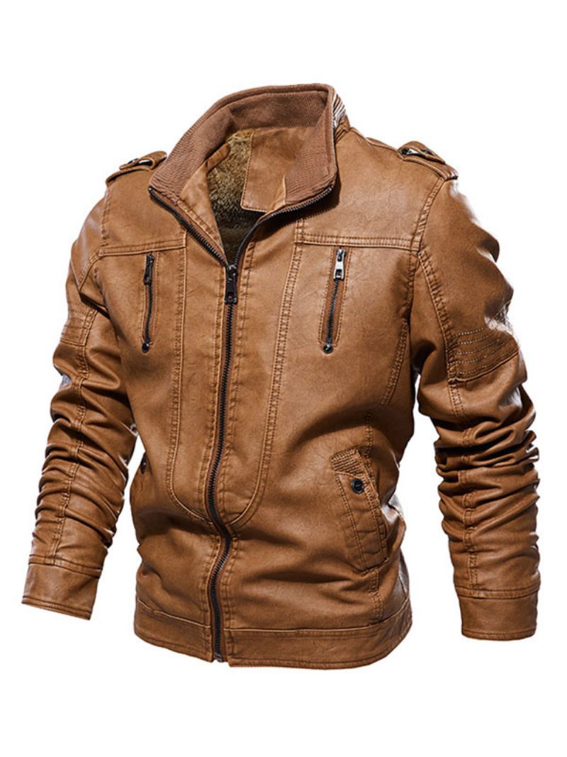 Veste Cuir Pour Hommes Coupe-vent À Fermeture Éclair Simple Superposé Élégant Printemps Bleu Éblouissant - Brun Café