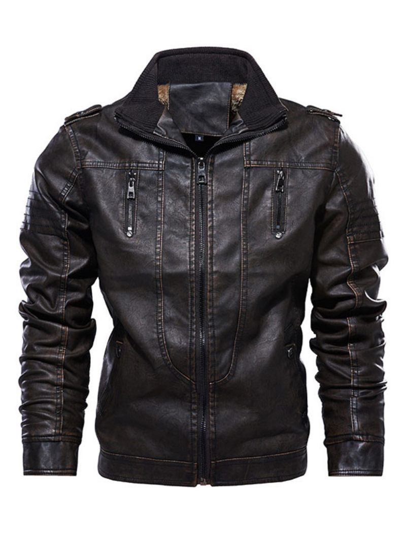 Veste Cuir Pour Hommes Coupe-vent À Fermeture Éclair Simple Superposé Élégant Printemps Bleu Éblouissant - Marron Foncé