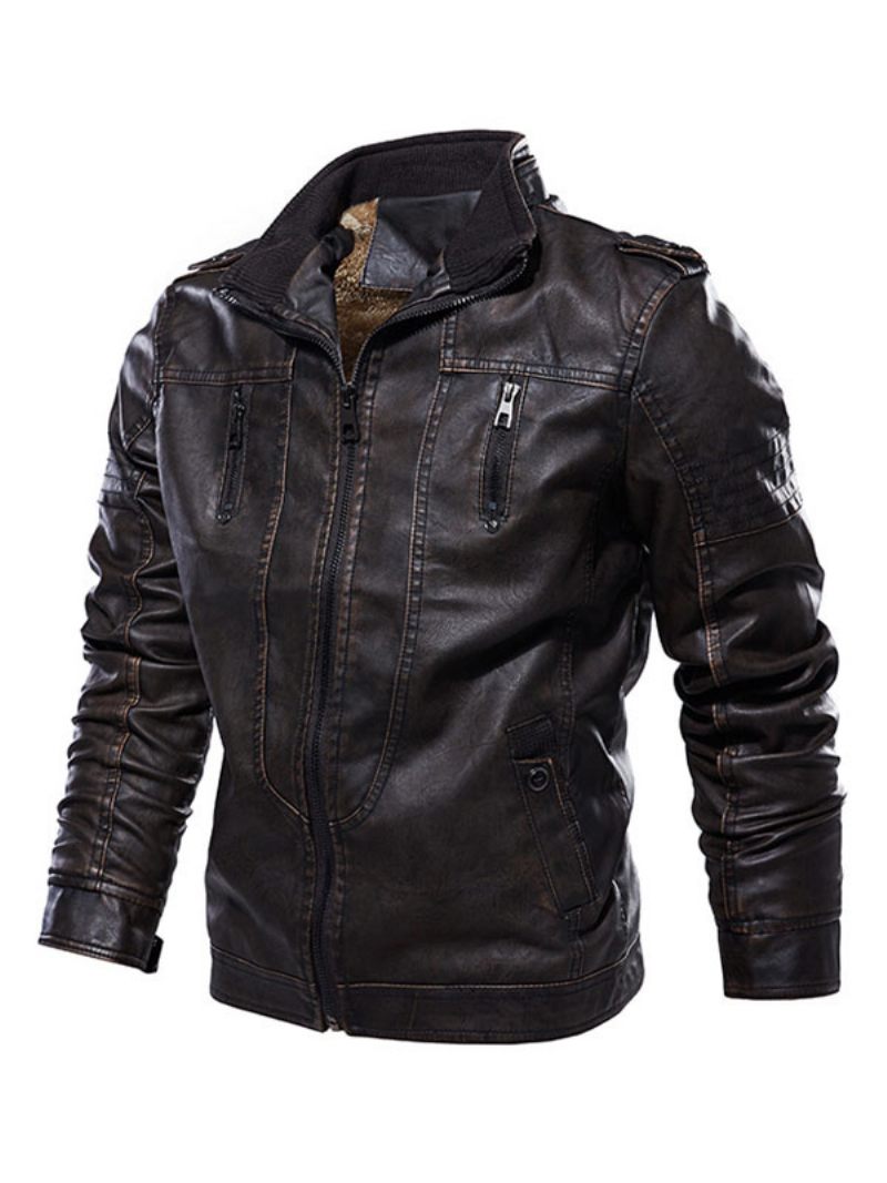 Veste Cuir Pour Hommes Coupe-vent À Fermeture Éclair Simple Superposé Élégant Printemps Bleu Éblouissant - Marron Foncé