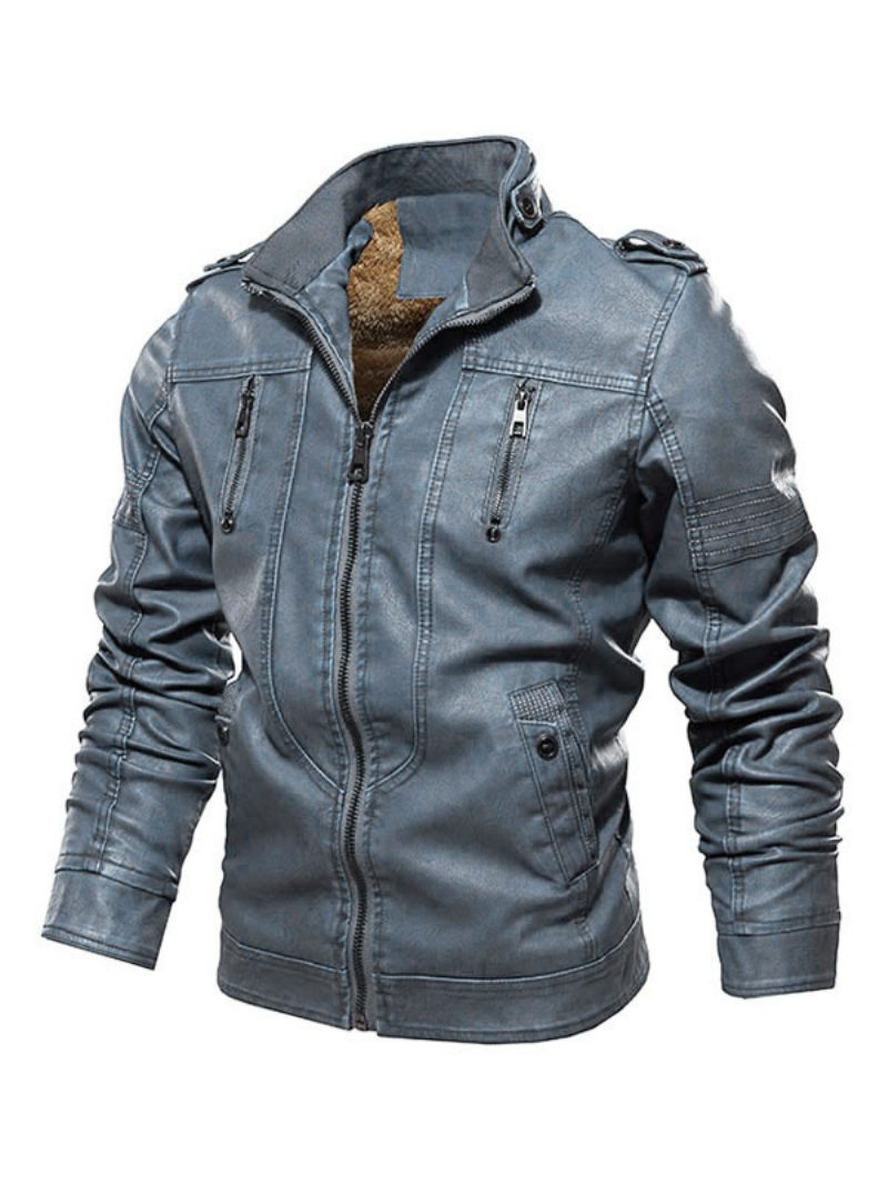 Veste Cuir Pour Hommes Coupe-vent À Fermeture Éclair Simple Superposé Élégant Printemps Bleu Éblouissant - Bleu Éblouissant