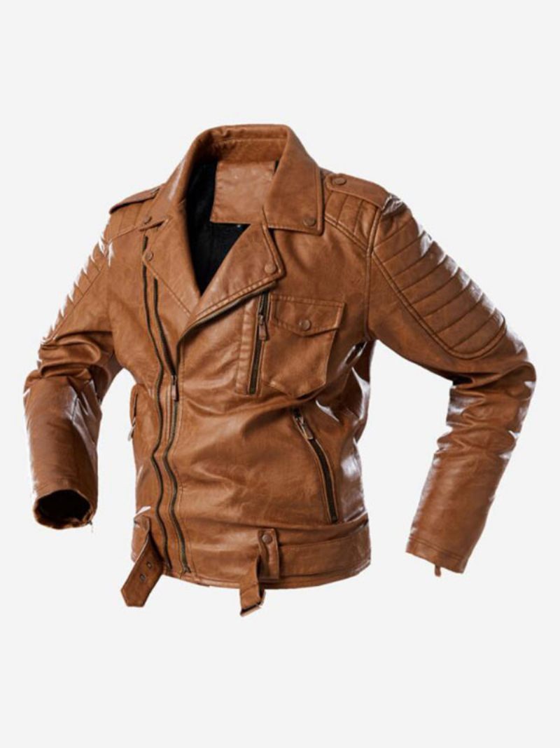 Veste Cuir Pour Hommes Coupe-vent À Fermeture Éclair Simple Superposé Élégant Printemps Café Marron