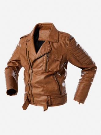 Veste Cuir Pour Hommes Coupe-vent À Fermeture Éclair Simple Superposé Élégant Printemps Café Marron