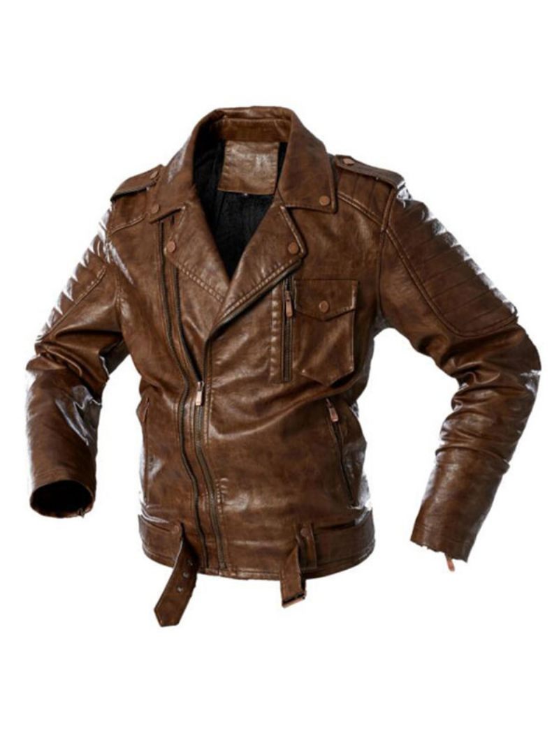 Veste Cuir Pour Hommes Coupe-vent À Fermeture Éclair Simple Superposé Élégant Printemps Café Marron - Marron Foncé