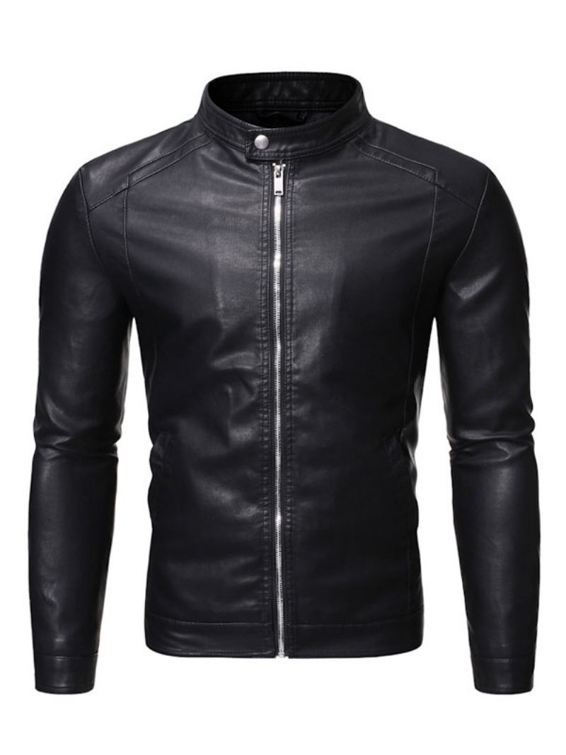 Veste Cuir Pour Hommes Décolleté Portrait Manches Longues Coupe-vent Décontracté Manteaux Élégants Noirs D'hiver