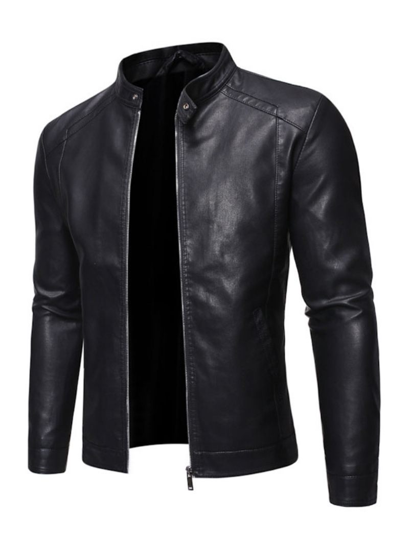 Veste Cuir Pour Hommes Décolleté Portrait Manches Longues Coupe-vent Décontracté Manteaux Élégants Noirs D'hiver - Noir