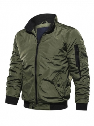 Veste Jean Pour Hommes Polyester Col Montant Moderne Manches Longues Vert Chasseur Coupe Régulière