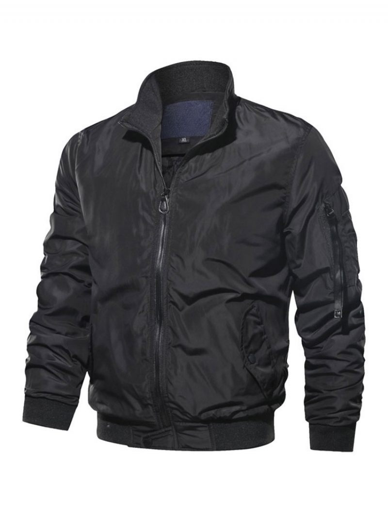 Veste Jean Pour Hommes Polyester Col Montant Moderne Manches Longues Vert Chasseur Coupe Régulière - Noir