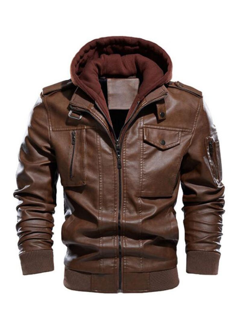 Vestes Cuir Pour Hommes Bloc Couleur Fermeture Éclair Épaissir Coupe-vent Mode Couches Café Marron