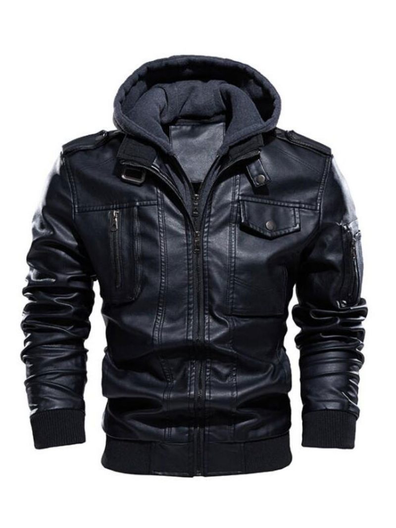 Vestes Cuir Pour Hommes Bloc Couleur Fermeture Éclair Épaissir Coupe-vent Mode Couches Café Marron - Noir