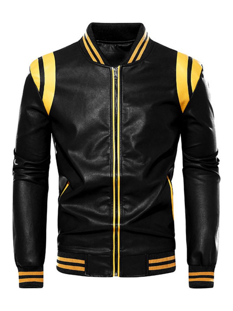 Vestes Cuir Pour Hommes Bloc Couleur Fermeture Éclair Pu Épaissir Élégant Moto Couches Noir