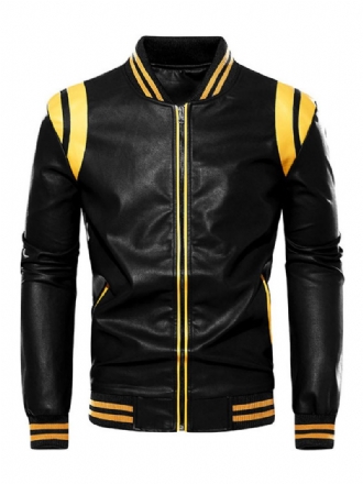 Vestes Cuir Pour Hommes Bloc Couleur Fermeture Éclair Pu Épaissir Élégant Moto Couches Noir