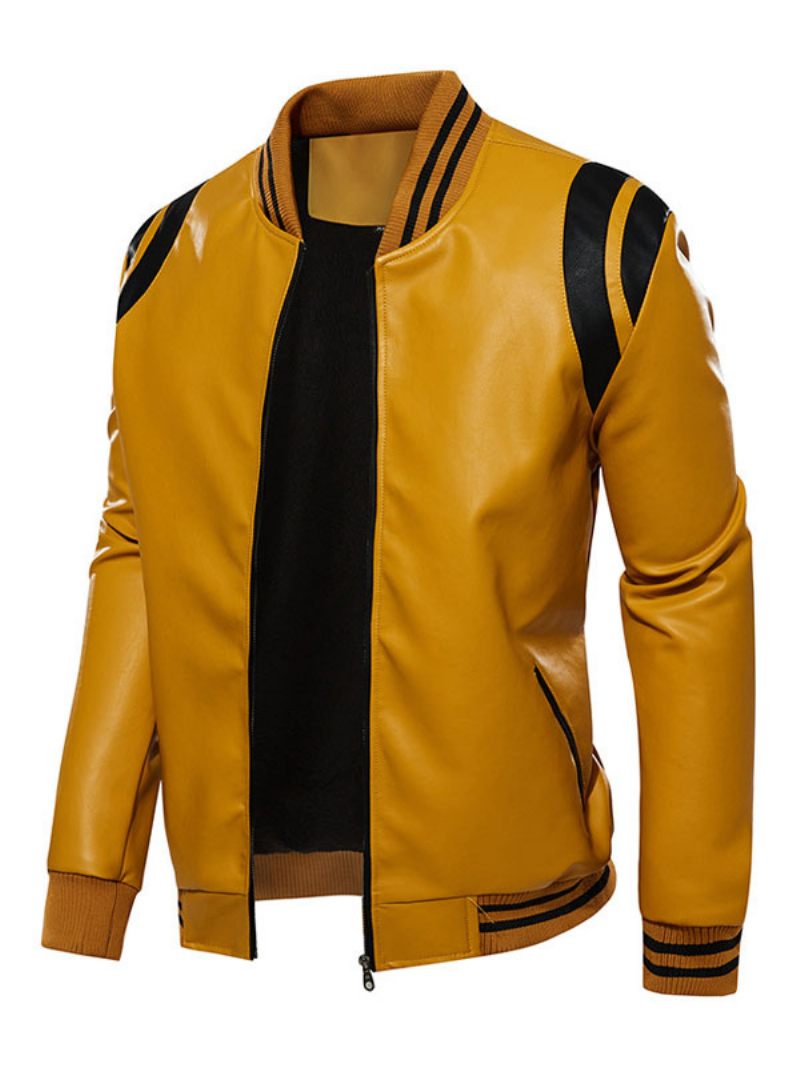 Vestes Cuir Pour Hommes Bloc Couleur Fermeture Éclair Pu Épaissir Élégant Moto Couches Noir - Jaune