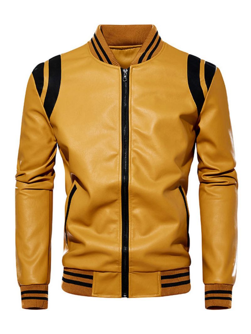 Vestes Cuir Pour Hommes Bloc Couleur Fermeture Éclair Pu Épaissir Élégant Moto Couches Noir - Jaune