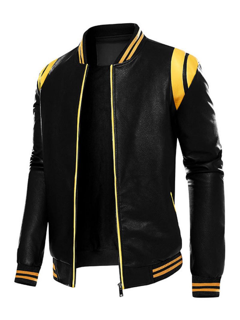 Vestes Cuir Pour Hommes Bloc Couleur Fermeture Éclair Pu Épaissir Élégant Moto Couches Noir - Doré