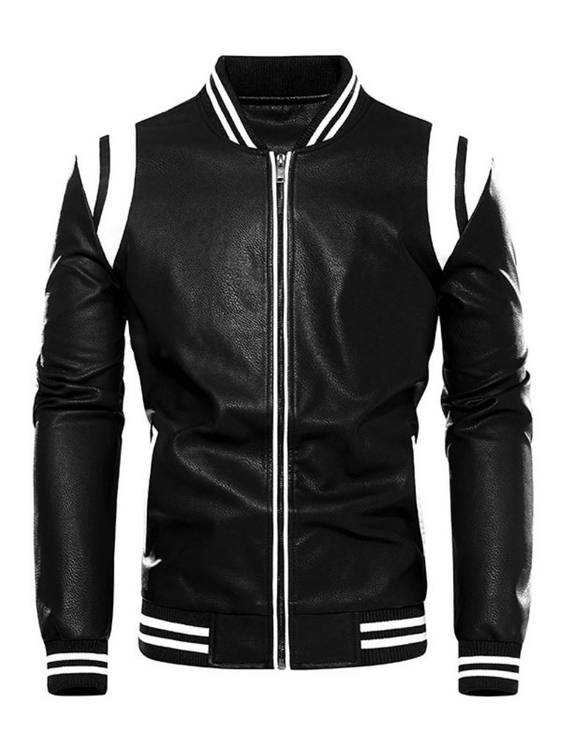 Vestes Cuir Pour Hommes Bloc Couleur Fermeture Éclair Pu Épaissir Élégant Moto Couches Noir - Noir