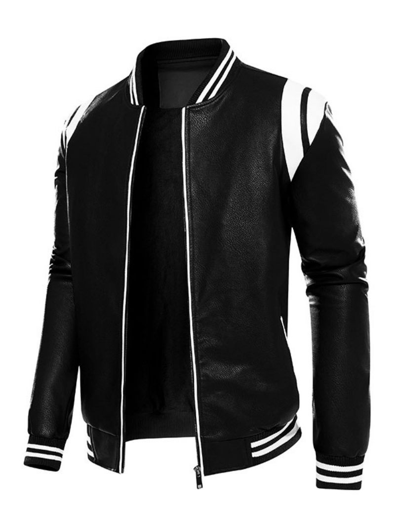 Vestes Cuir Pour Hommes Bloc Couleur Fermeture Éclair Pu Épaissir Élégant Moto Couches Noir - Noir