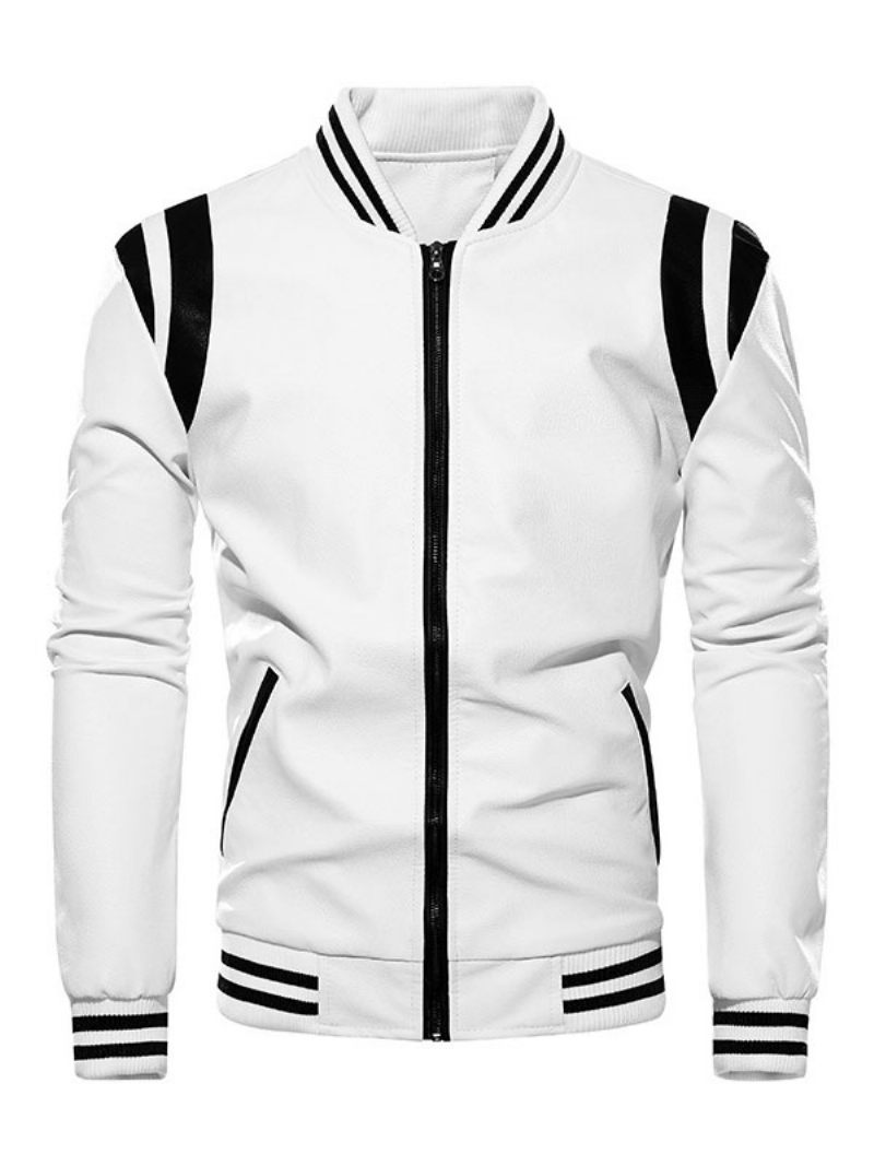 Vestes Cuir Pour Hommes Bloc Couleur Fermeture Éclair Pu Épaissir Élégant Moto Couches Noir - Blanc