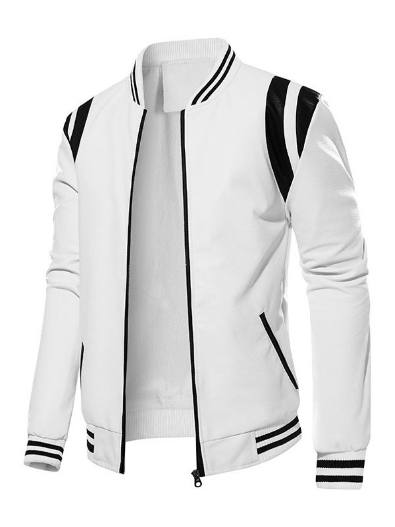 Vestes Cuir Pour Hommes Bloc Couleur Fermeture Éclair Pu Épaissir Élégant Moto Couches Noir - Blanc