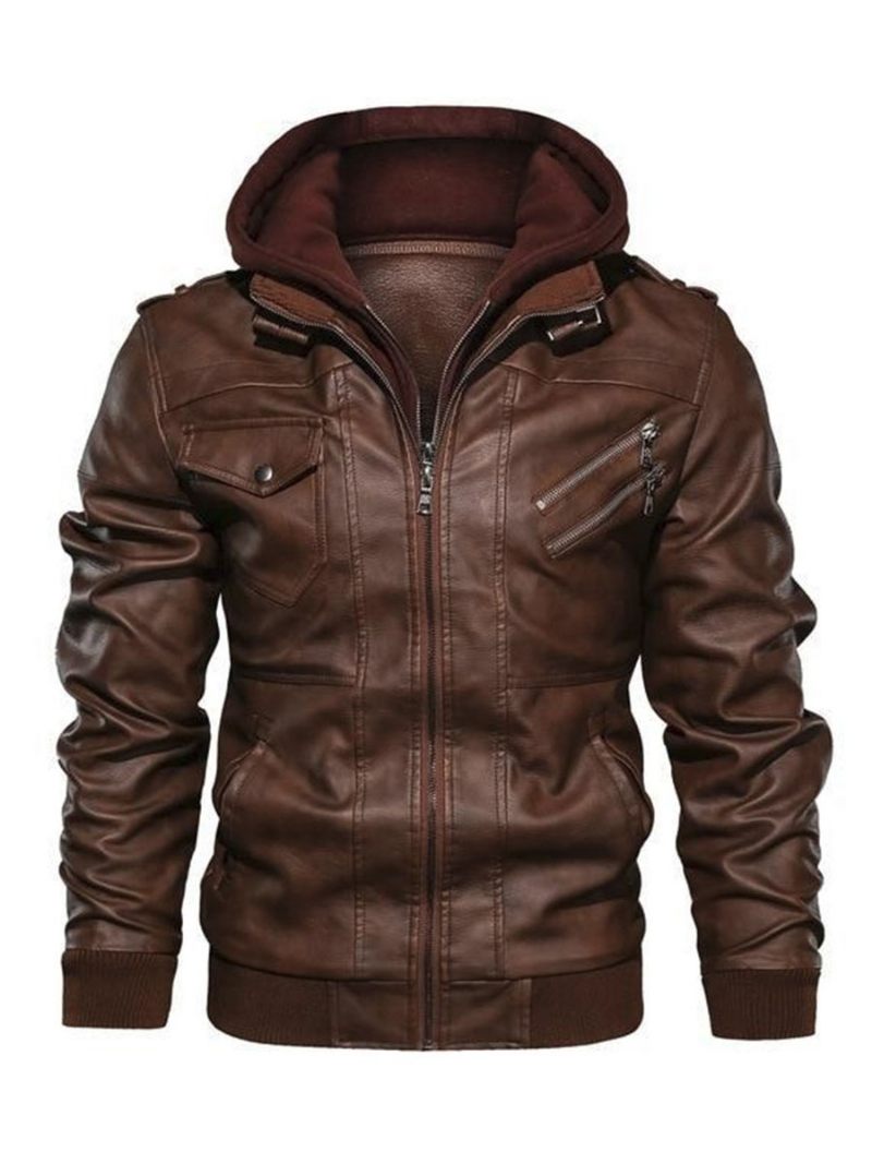 Vestes Cuir Pour Hommes Coupe-vent Pu Avec Fermeture Éclair Manteaux À La Mode Marron