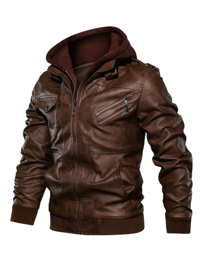 Vestes Cuir Pour Hommes Coupe-vent Pu Avec Fermeture Éclair Manteaux À La Mode Marron - Marron Café