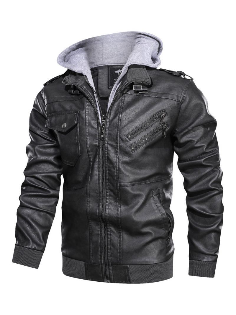 Vestes Cuir Pour Hommes Coupe-vent Pu Avec Fermeture Éclair Manteaux À La Mode Marron - Noir