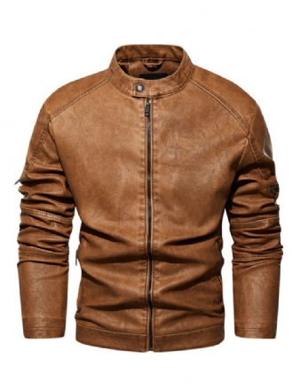 Vestes Cuir Pour Hommes Fermeture Éclair Pu Épaissir Moto Élégant Couches Café Marron