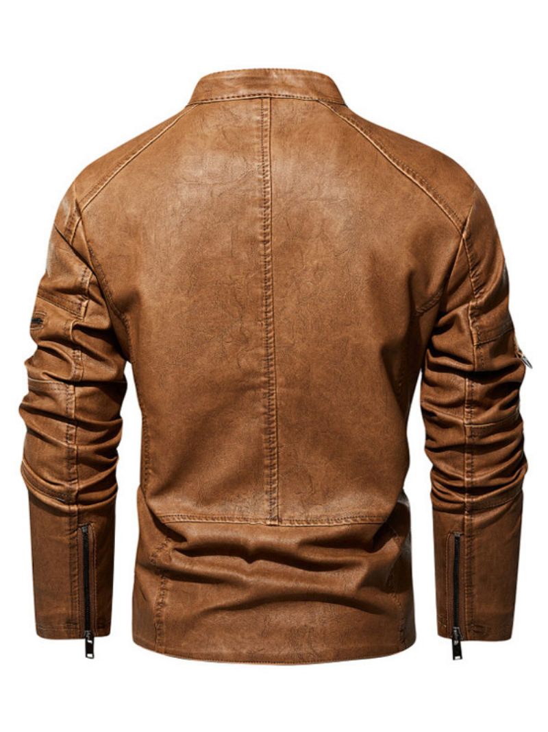 Vestes Cuir Pour Hommes Fermeture Éclair Pu Épaissir Moto Élégant Couches Café Marron - Marron Café