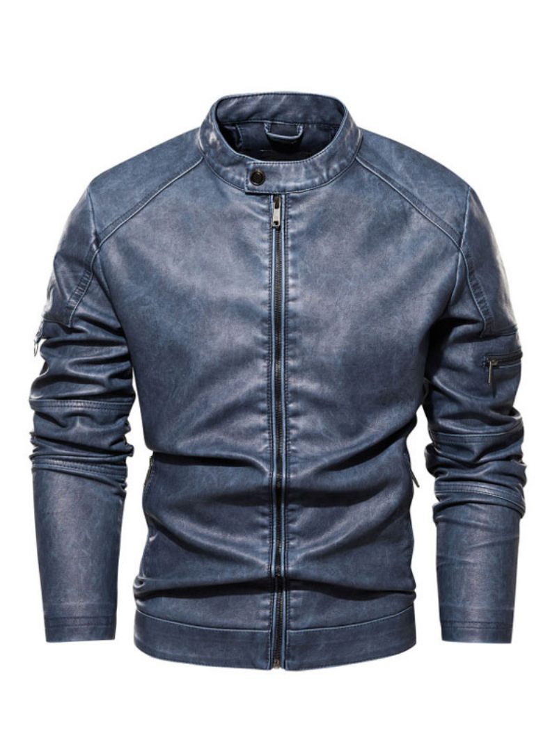 Vestes Cuir Pour Hommes Fermeture Éclair Pu Épaissir Moto Élégant Couches Café Marron - Bleu Éblouissant