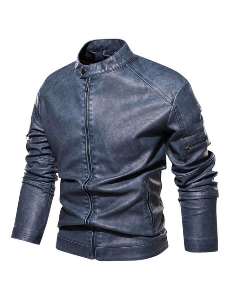 Vestes Cuir Pour Hommes Fermeture Éclair Pu Épaissir Moto Élégant Couches Café Marron - Bleu Éblouissant