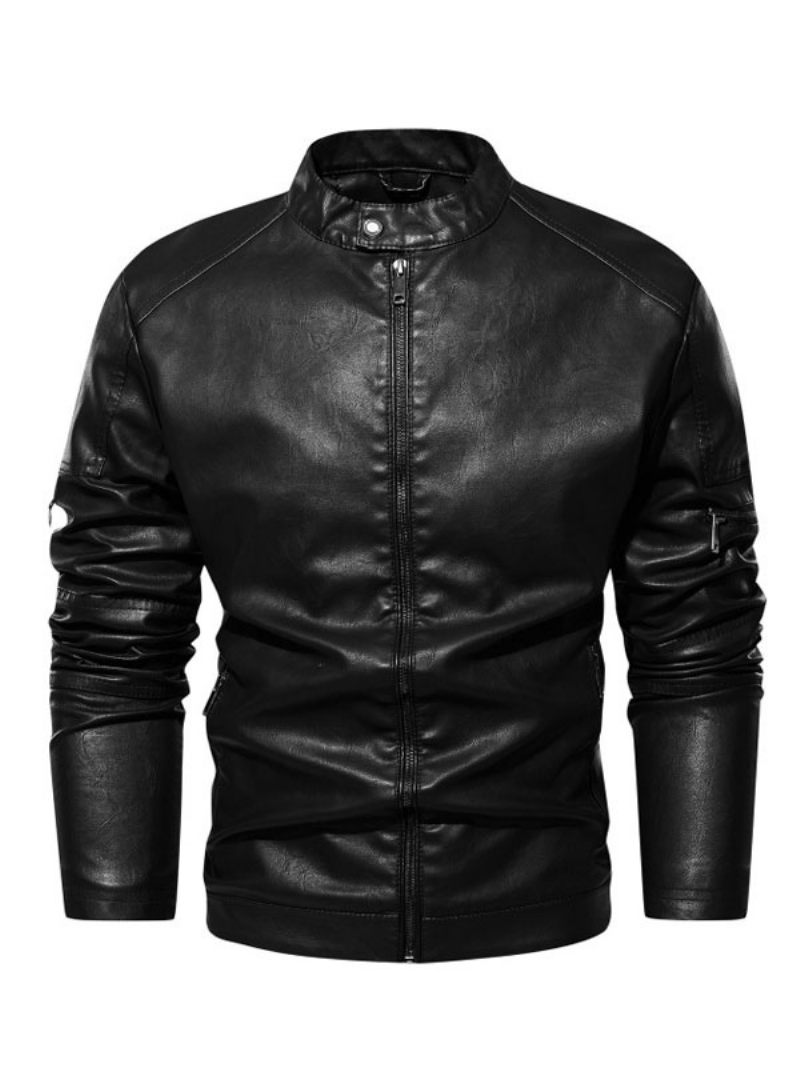 Vestes Cuir Pour Hommes Fermeture Éclair Pu Épaissir Moto Élégant Couches Café Marron - Noir